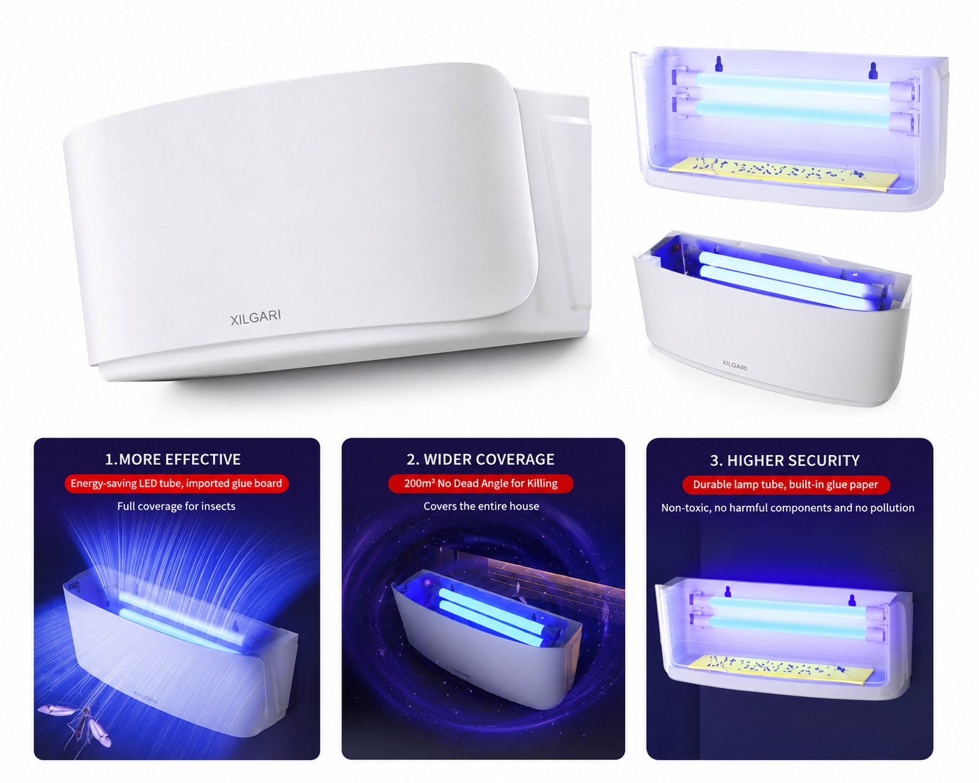 Wall-mounted UV glue board fly catcher for silent and hygienic indoor insect fly control.